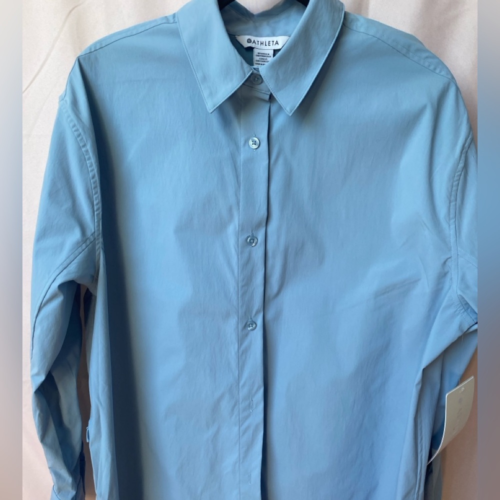 NWT Athleta Oversized Poplin Top Button Up Long Sleeve Heron Blue Women’s Medium - Picture 3 of 13